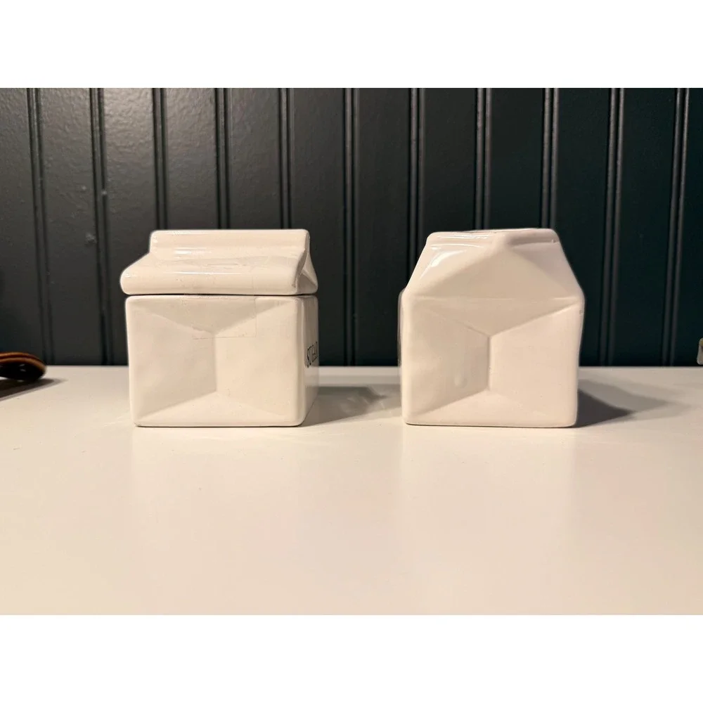 World Market White Ceramic Milk Carton Sugar and Creamer Set Stoneware